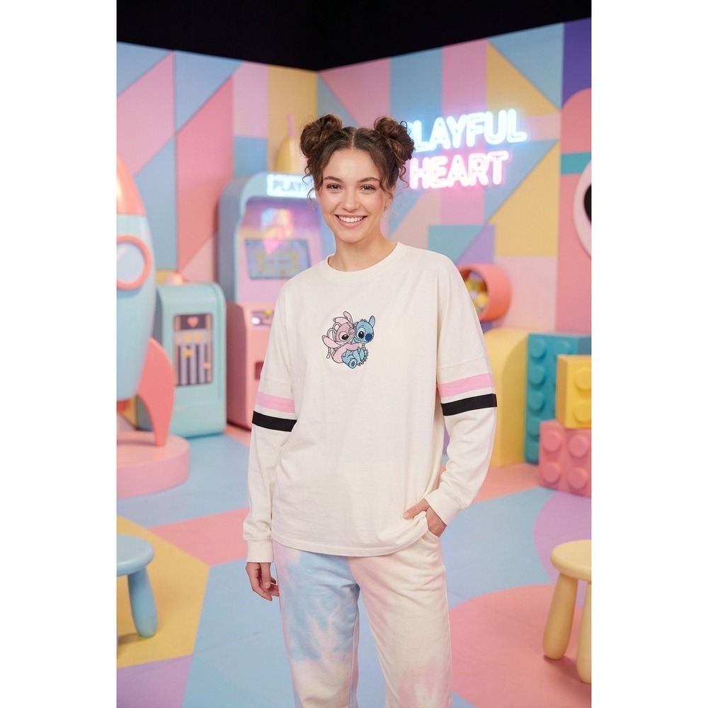 Disney Stitch & Angel Long Sleeve‎ Varsity Jersey Shirt Cream XS JT26120